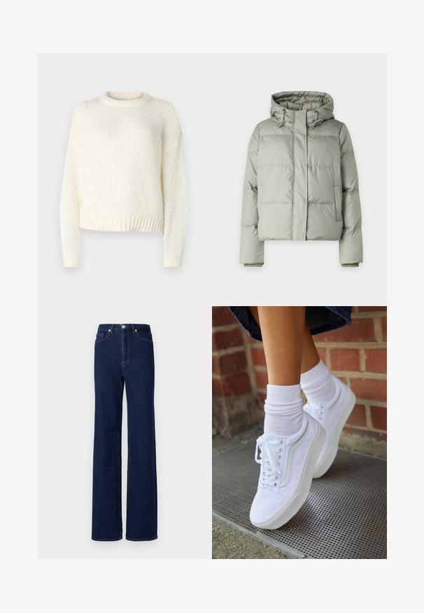 Veste matelassée vert clair avec capuche, présentant un design court, des panneaux cousus et des poignets élastiques. Comprend un cordon de serrage au niveau du cou.; Pull léger en tricot crème, avec des manches longues, un col rond et un ourlet côtelé. Tissu texturé avec une coupe ample et décontractée.; Jean en denim bleu foncé à taille haute, coupe large et design classique à cinq poches. Fini avec des coutures contrastées et un bouton en métal.; Baskets en toile blanches avec semelles en caoutchouc, dotées de six œillets, d'un bout rond et de détails de couture légers, portées avec des chaussettes blanches mi-mollet.