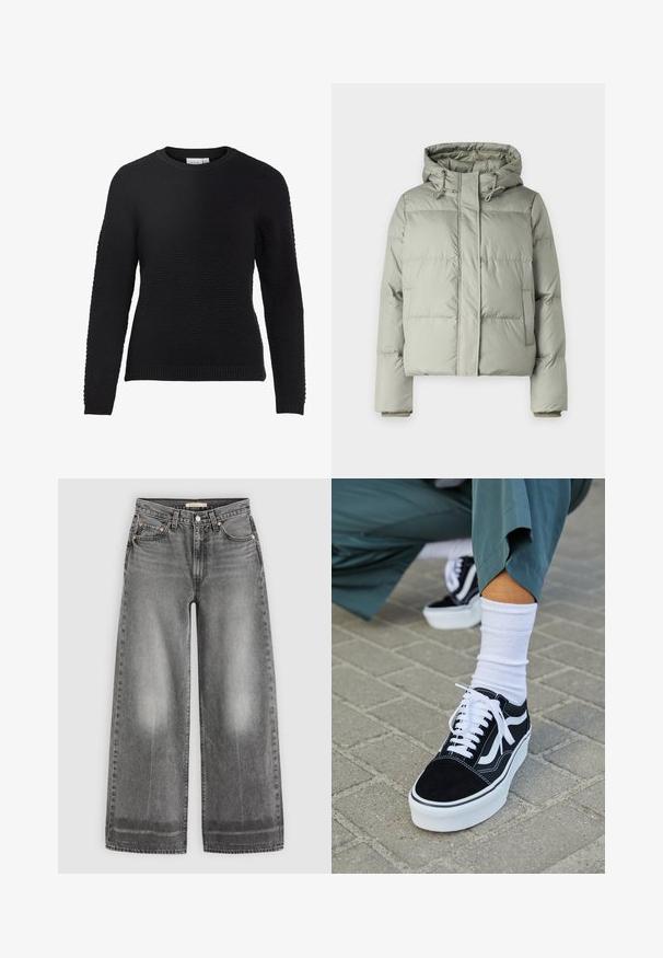 Veste matelassée vert clair avec capuche, présentant un design court, des panneaux cousus et des poignets élastiques. Comprend un cordon de serrage au niveau du cou.; Pull en tricot noir avec un motif texturé, col rond, et poignets et ourlet côtelés. Manches longues et design ajusté.; Jean en denim gris taille haute, à jambes larges, avec un bouton à l'avant, des passants de ceinture et des détails délavés sur les cuisses et les ourlets.; Baskets en suède noir avec des accents et des lacets blancs, présentant une épaisse semelle blanche et des coutures contrastantes, associées à une chaussette blanche.