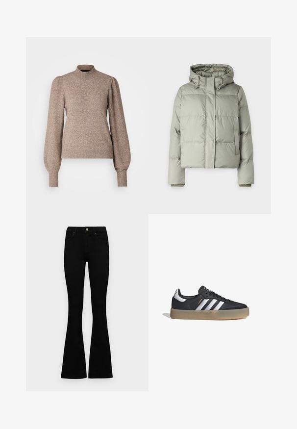 Chaqueta acolchada verde claro con capucha, con un diseño corto, paneles cosidos y puños elásticos. Incluye cordón en el escote.; Suéter de punto en marrón claro, con un cuello alto, mangas largas abullonadas y puños y dobladillo acanalados. Tejido suave y texturizado.; Jeans negros de cintura alta con cierre de botón y cremallera, bolsillos frontales y piernas acampanadas, dispuestos sobre un fondo blanco.; Zapatilla deportiva de cuero negro con tres rayas plateadas, punta texturizada y suela de goma. Cuenta con un collar acolchado y un diseño con cordones.