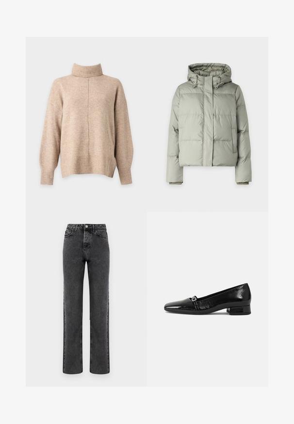 Veste matelassée vert clair avec capuche, présentant un design court, des panneaux cousus et des poignets élastiques. Comprend un cordon de serrage au niveau du cou.; Pull beige à col roulé en maille, manches longues, poignets côtelés, ourlet et une couture verticale centrale à l'avant.; Jeans droit en denim gris avec une finition délavée, design à cinq poches et fermeture à bouton. Présente une couture classique le long des coutures.; Ballet flats en cuir verni noir avec un bout pointu, un petit talon carré et un détail de boucle métallique sur la sangle. Texture lisse.