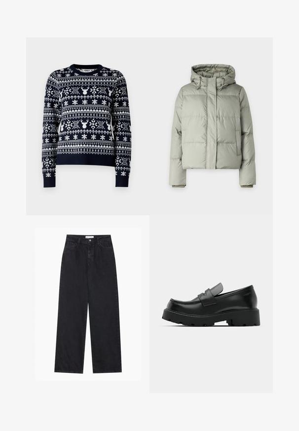 Lys grøn pufferjakke med hætte, der har en cropped design, syede paneler og elastiske cuff.; Marineblå striktrøje med hvide snefnug og rensdyrmønstre, rund halsudskæring, lange ærmer og ribkant.; Sorte højtaljede bredbenede denimjeans med frontknap og lynlås, bæltestropper og fem-lomme stil.; Sorte læder loafers med en chunky tekstureret sål, der har en rem over vamps og en glat, poleret finish.