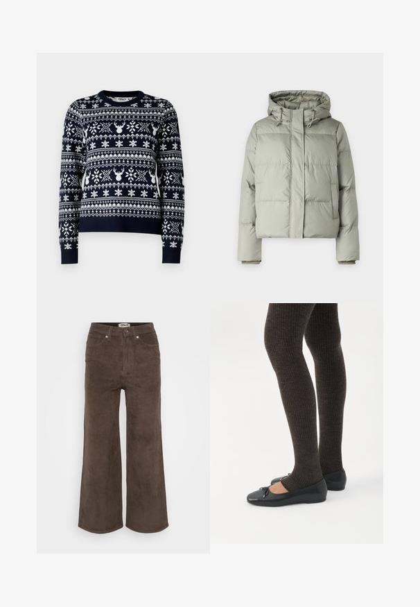 Lys grøn pufferjakke med hætte, der har en cropped design, syede paneler og elastiske cuff.; Marineblå striktrøje med hvide snefnug og rensdyrmønstre, rund halsudskæring, lange ærmer og ribkant.; Brune bredbenede bukser i kordfløjl med ribbet tekstur, fem lommer og frontlukning med knap. Har et mærke i taljen.; Ben iført mørke ribbede leggings kombineret med sorte balletsko med små sløjfedetaljer på hvid baggrund.
