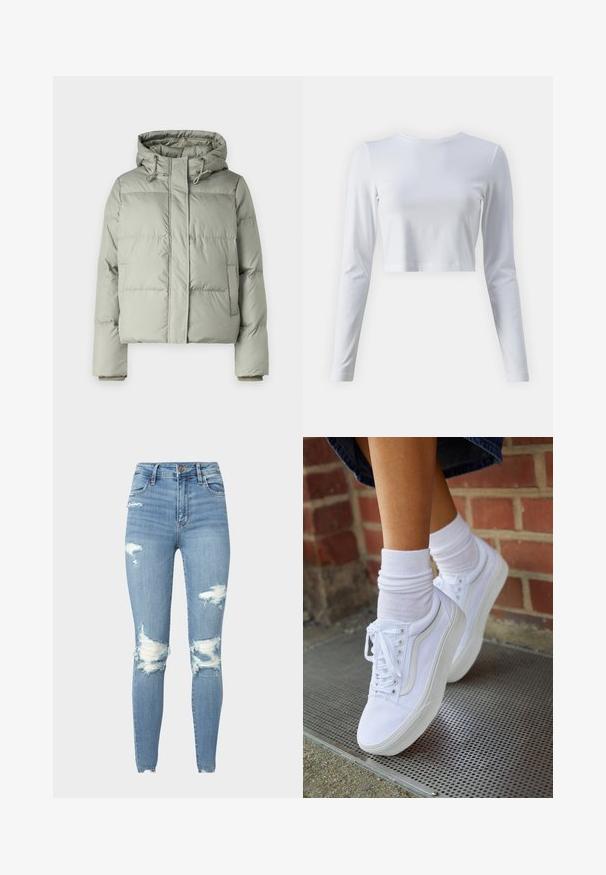 Chaqueta acolchada verde claro con capucha, con un diseño corto, paneles cosidos y puños elásticos. Incluye cordón en el escote.; Camisa blanca de manga larga cortada, hecha de un tejido suave. Presenta un clásico escote redondo y mangas ajustadas. Textura suave, diseño minimalista.; Jeans ajustados de tiro alto en denim de color azul claro con detalles rasgados en las rodillas y bordes deshilachados, que cuentan con cinco bolsillos y cierre de botón.; Zapatillas de lona blancas con suelas de goma, que presentan seis ojales, puntera redonda y detalles de costura ligera, combinadas con calcetines blancos hasta el tobillo.