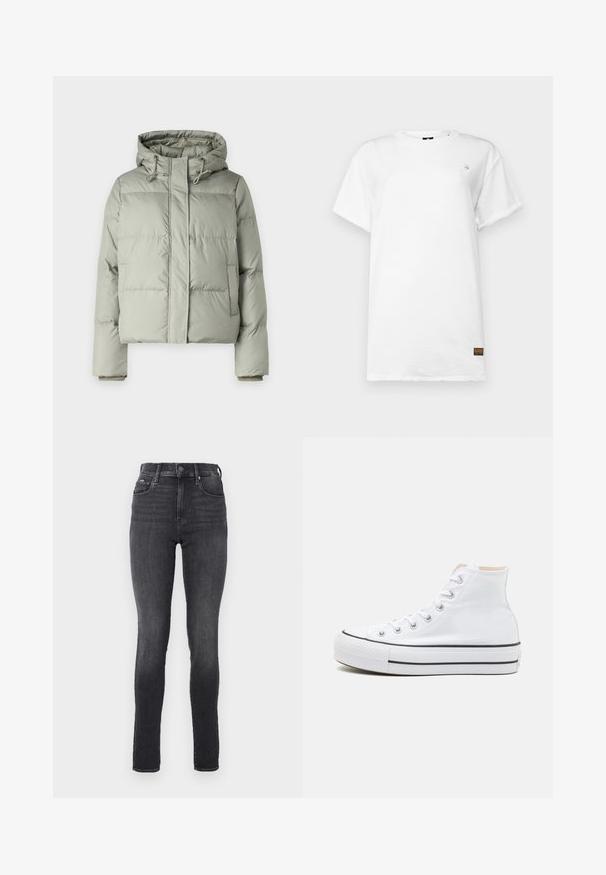 Veste matelassée vert clair avec capuche, présentant un design court, des panneaux cousus et des poignets élastiques. Comprend un cordon de serrage au niveau du cou.; G-STAR LASH FEM LOOSE FIT - T-shirt basique - white; Jean skinny taille haute en denim gris foncé, texture lisse, avec poches avant et bouton en métal à la taille.; Baskets montantes blanches en toile, semelle en caoutchouc noir et bande noire contrastante sur la semelle intermédiaire. Bout rond et design à lacets.
