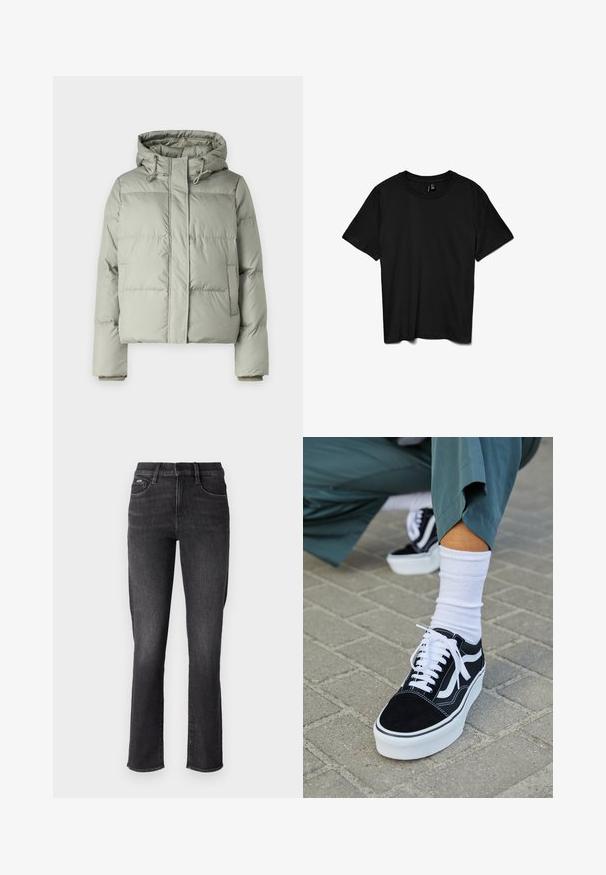 Helles grünes Puffer-Jacke mit Kapuze, cropped Design, gesteppten Paneelen und elastischen Bündchen. Mit Kordelzug am Kragen.; Schwarzes T-Shirt mit kurzen Ärmeln und Rundhalsausschnitt, schlichtes Design, flach auf weißem Hintergrund dargestellt.; Schwarze Denim-Jeans mit geradem Schnitt, ausgestattet mit einem Standardbund, fünf Taschen und dezenten Steppnähten.; Schwarze Wildledersneaker mit weißen Akzenten und Schnürsenkeln, ausgestattet mit einer dicken weißen Sohle und kontrastierenden Nähten, kombiniert mit einer weißen Socke.