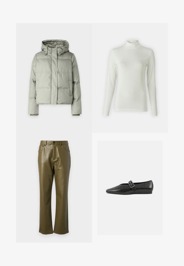 Veste matelassée vert clair avec capuche, présentant un design court, des panneaux cousus et des poignets élastiques. Comprend un cordon de serrage au niveau du cou.; Haut à manches longues avec col roulé en crème clair, fabriqué à partir d'un tissu lisse et extensible. Design ajusté avec une texture côtelée au niveau du col.; Pantalon en simili cuir vert olive avec une coupe droite. Dispose de poches avant et d'une fermeture éclair avec un bouton en métal. Texture lisse.; Chaussure plate en cuir noir avec un orteil pointu, présentant une sangle à boucle métallique sur le cou-de-pied et une semelle basse et flexible.