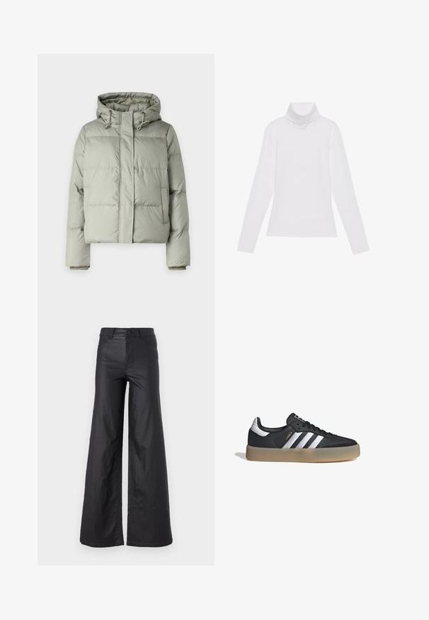 Chaqueta acolchada verde claro con capucha, con un diseño corto, paneles cosidos y puños elásticos. Incluye cordón en el escote.; Top blanco de manga larga y cuello alto, confeccionado en una tela suave y elástica. Presenta un diseño ajustado, sin patrones o adornos visibles.; Pantalones de pierna ancha en material de cuero sintético. Presentan una cintura alta, trabillas para cinturón, dos bolsillos delanteros y detalles de costura.; Zapatilla deportiva de cuero negro con tres rayas plateadas, punta texturizada y suela de goma. Cuenta con un collar acolchado y un diseño con cordones.