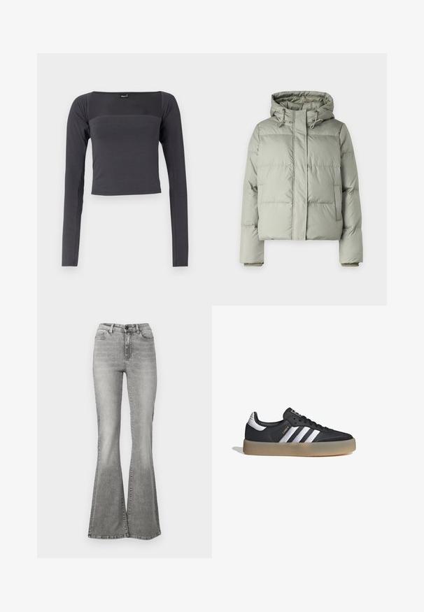 Chaqueta acolchada verde claro con capucha, con un diseño corto, paneles cosidos y puños elásticos. Incluye cordón en el escote.; Top corto de manga larga en tela gris oscuro con una textura suave. Presenta un escote cuadrado y un diseño ajustado.; Jeans acampanados grises de mezclilla, con cintura alta, bolsillos frontales y un efecto de decoloración. El dobladillo es ligeramente más ancho, creando una forma acampanada.; Zapatilla deportiva de cuero negro con tres rayas plateadas, punta texturizada y suela de goma. Cuenta con un collar acolchado y un diseño con cordones.