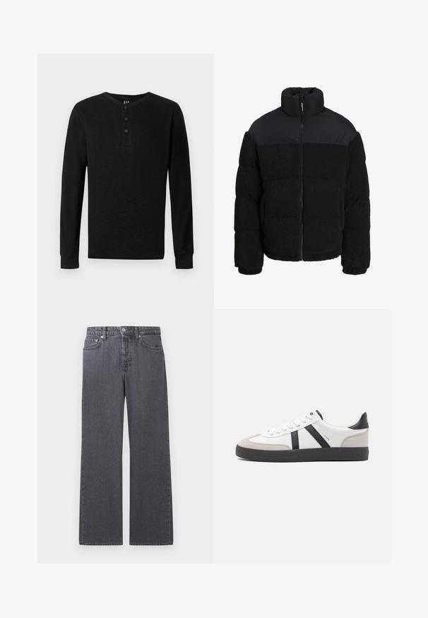 Chaqueta de plumas negra con un collar alto, que presenta un cuerpo de forro polar suave y texturizado y una tela mate y lisa en los hombros y el collar.; Camisa henley de manga larga negra con un botón de tres en el cuello, textura suave y puños acanalados, que presenta un corte clásico y un diseño minimalista.; Vaqueros de mezclilla gris oscuro con pierna recta, cintura alta, botón frontal, cremallera y diseño de cinco bolsillos sobre fondo blanco.; Zapatilla blanca con acentos en negro y gris, que presenta una puntera texturizada en gris, suela de goma negra y cordones planos blancos. Diseño limpio, estilo minimalista.