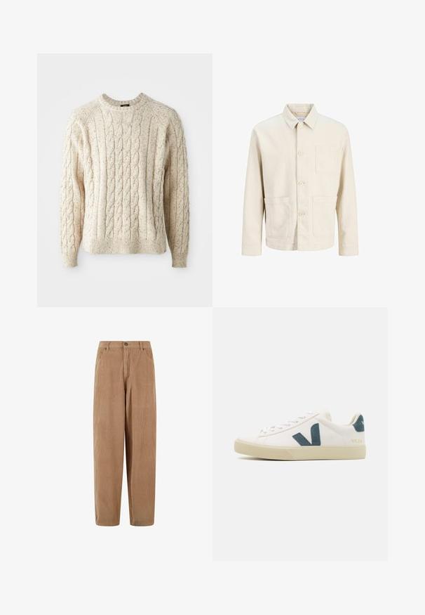 Cremefarbige Jacke mit langen Ärmeln, vier vorderen Knöpfen, drei vorderen Taschen und einem klassischen spitzen Kragen.; Cremfarbener Kabelstrickpullover mit Rundhalsausschnitt, strukturiertem Muster und gerippten Bündchen und Saum. Hergestellt aus weicher, dicker Wolle.; Samtstoffhosen in Hellbraun mit geradem Schnitt, ausgestattet mit einem Knopfverschluss und seitlichen Taschen, strukturiertem, geripptem Material.; Weißes Ledersneaker mit einem Logo aus türkisem Wildleder, runder Zehenpartie, Schnürdesign und Gummisohle mit strukturierten Details. Markenname "VEJA" in Gold.