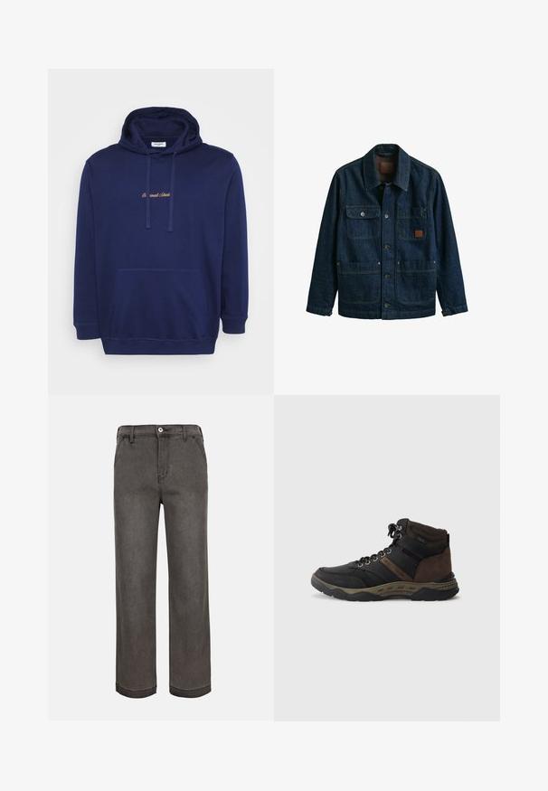 Dunkelblaue Jeansjacke mit vier Fronttaschen, Knopfverschlüssen und einem Kragen, präsentiert vor weißem Hintergrund.; Marineblauer Pullover mit einer vorderen Tasche, Kordeln und gesticktem Text in hellbraun. Hergestellt aus weichem Stoff mit glatter Textur.; Dunkelgraue, gerade geschnittene Hose mit Knopf- und Reißverschluss, Gürtelschlaufen, Vordertaschen und abgestepptem Saum vor hellem Hintergrund.; Schwarze und braune Wanderschuhe mit strukturiertem Obermaterial, gepolstertem Kragen, Schnürdesign und robustem Profil für besseren Halt.