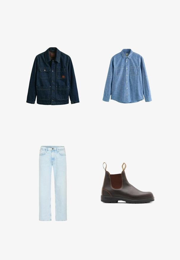 Chaqueta de mezclilla azul oscuro con cuatro bolsillos delanteros, cierres de botones y cuello, mostrada sobre un fondo blanco.; Camisa azul de chambray de manga larga con botones al frente y dos bolsillos en el pecho, desplegada sobre un fondo blanco.; Los jeans de denim azul claro cuentan con un diseño de pierna recta, con un cierre de botón clásico, cinco bolsillos y un ligero desgastado para aportar textura.; Botas Chelsea de cuero marrón con paneles laterales elásticos y tiradores. Parte superior texturizada, suela de goma duradera y detalle de costura en contraste.