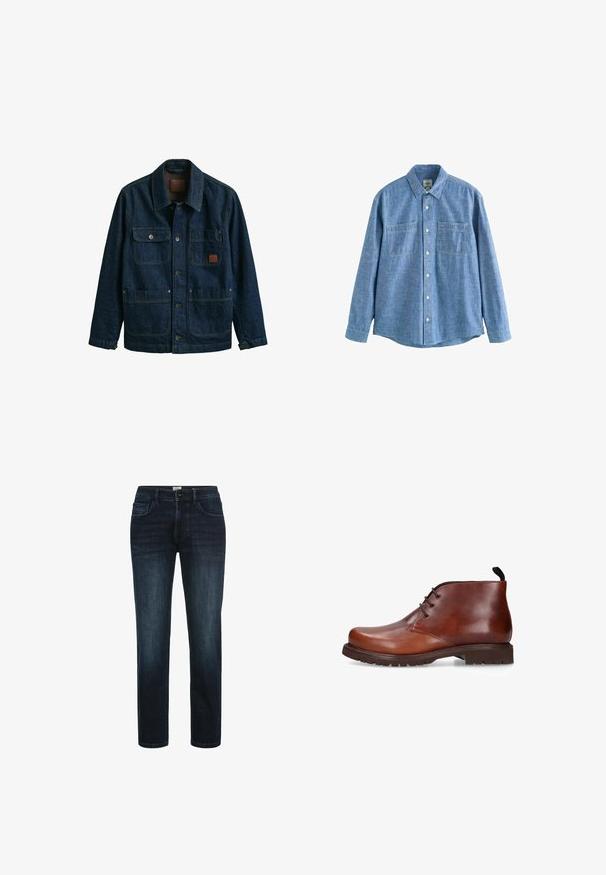 Dunkelblaue Jeansjacke mit vier Fronttaschen, Knopfverschlüssen und einem Kragen, präsentiert vor weißem Hintergrund.; Langärmliges blaues Chambray-Hemd mit Knopfleiste und zwei Brusttaschen, flach auf weißem Hintergrund liegend.; Dunkelblaue Denim-Jeans mit geradem Bein, ausgestattet mit fünf Taschen, einem Knopfverschluss und dezentem Verblassen an den Oberschenkeln.; Braune Lederstiefeletten mit glatter Oberfläche, runder Spitze und drei Ösen. Verfügt über eine strukturierte Gummisohle und eine Zuglasche an der Ferse.