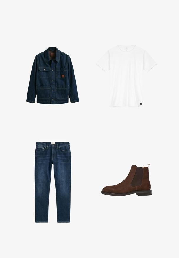 Donkerblauwe denimjas met vier voorzakken, knoopsluitingen en een kraag, getoond op een witte achtergrond.; Witte T-shirt met korte mouwen, gemaakt van zachte stof met een ronde halslijn. Bevat een klein zwart logo label aan de onderkant rechts.; Donkerblauwe denim jeans met een rechte pijp, vijf zakken, riemlussen en subtiele vervaging. De stof heeft een gladde textuur.; Bruine suède Chelsea boots met elastische zijkanten, ronde neus en een aanschuiflus. Voorzien van een platte zwarte zool en contrasterende stiksels.