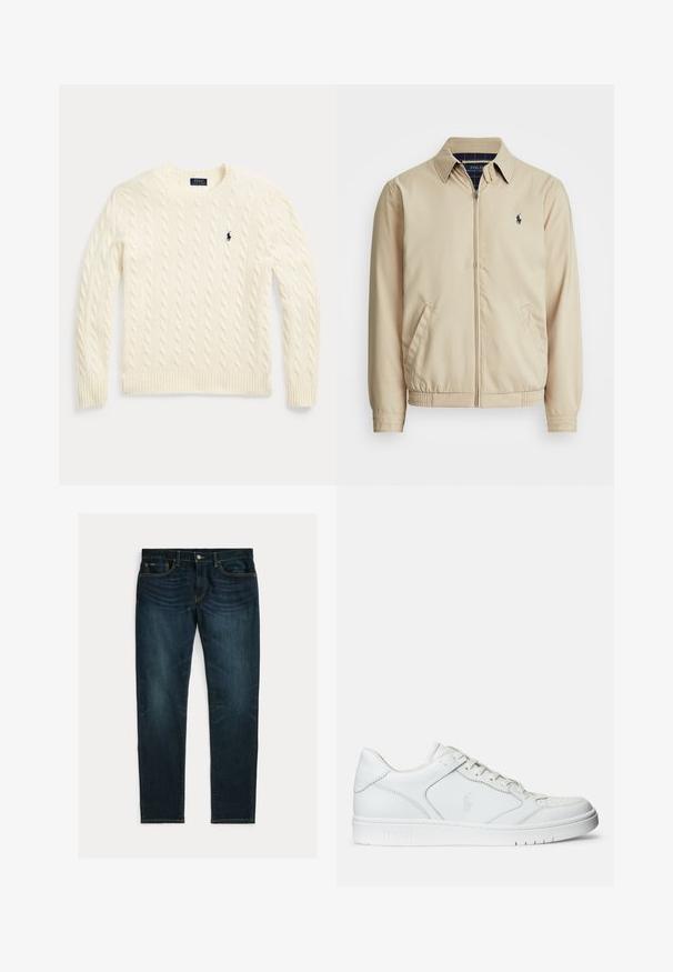 Veste zippée beige clair avec un col, des poches latérales, une taille élastique et un petit logo bleu marine sur la poitrine. Texture lisse.; Pull en maille torsadée couleur crème avec manches longues et logo Polo Ralph Lauren brodé sur la poitrine gauche.; Jean slim bleu foncé avec légère décoloration et design à cinq poches, posé à plat sur un fond blanc.; Baskets en cuir blanc avec une texture lisse, présentant un bout perforé, un système de laçage et un logo brodé sur le côté. Semelle en caoutchouc blanc.