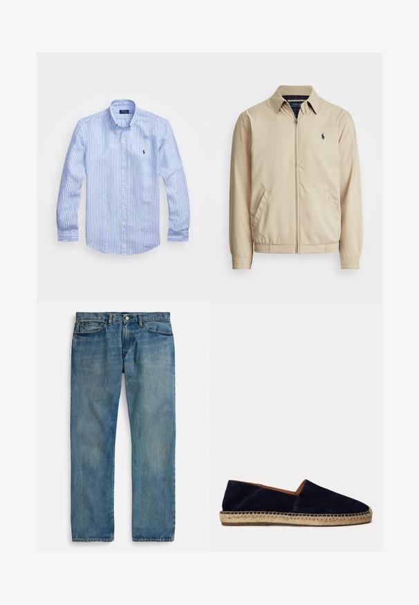 Lichtbeige ritsjack met een kraag, zijzakken, een elastische tailleband en een klein marineblauw logo op de borst. Soepele textuur.; Blauw-wit gestreept overhemd met lange mouwen van katoen, met een button-down kraag, knopen aan de voorkant en een klein geborduurd logo op de borst.; Lichtblauwe denim jeans met een rechte pijpvorm, voorzien van vijf zakken, een knoopsluiting en subtiele vervaging voor textuur.; Donkerblauwe suède espadrille met zool van natuurlijk jute touw en gestikte rand, platte instapper met lage hak.
