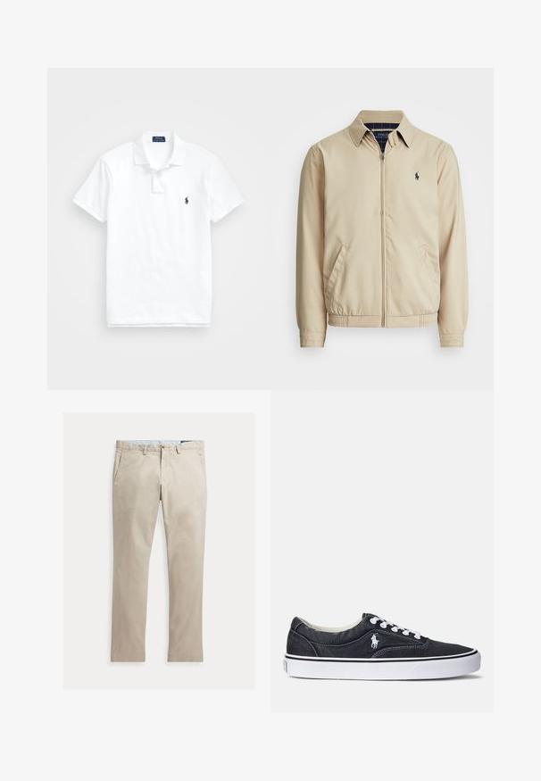 Veste zippée beige clair avec un col, des poches latérales, une taille élastique et un petit logo bleu marine sur la poitrine. Texture lisse.; Polo blanc en coton. Il présente un col classique, une patte de boutonnage à trois boutons, des manches courtes et un petit logo marine sur la poitrine.; Pantalon beige en coton à jambes droites, avec poches avant, passants de ceinture, fermeture par bouton et braguette zippée, présenté à plat sur fond blanc.; Baskets en denim noir avec des lacets blancs et des semelles en caoutchouc. Présente un petit logo blanc sur le côté et des coutures contrastées. Design plat.
