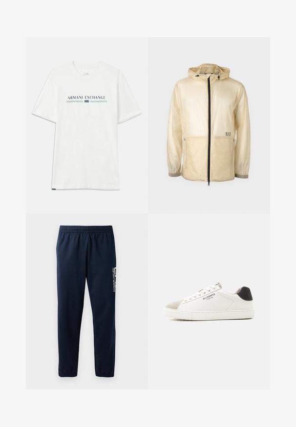Letvægts beige vindjakke med hætte, der har en fuld frontlynlås, elastiske manchetter og et broderet logo på venstre side.; Hvid bomulds t-shirt med korte ærmer, prydet med et blåt og grønt "ARMANI EXCHANGE" logo og "1991" centreret nedenfor.; Marineblå sweatpants med elastisk talje, tætsiddende ben og et hvidt logo på siden. Glat stof med en let tekstur.; Hvid lavt snørestøvle med beige ruskindståkappe, sort hælflig, hvide snørebånd og "ALLSAINTS LONDON" logo på siden.