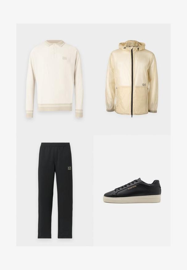 Leichte beige Windbreaker-Jacke mit Kapuze, ausgestattet mit einem durchgehenden Reißverschluss, elastischen Bündchen und einem gestickten Logo auf der linken Seite.; Beige langärmeliges Poloshirt aus strukturiertem Strick mit einem geknöpften Kragen sowie Streifen am Saum und an den Bündchen. Verfügt über dezente Markenkennzeichnung auf der Brust.; Schwarze Sweatpants mit geradem Bein, elastischem Bund und schwarzem Patch-Logo auf dem oberen linken Oberschenkel.; Schwarze Leder-Sneaker mit glatter Oberfläche, kontrastierender cremefarbener Sohle, abgerundeter Spitze, goldfarbenem Logo an der Seite und sechs Ösen für die Schnürsenkel.
