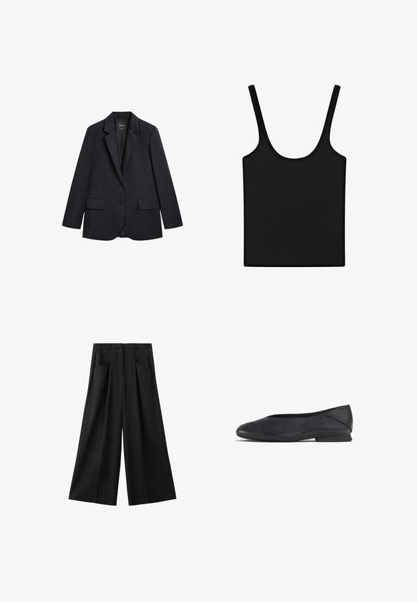 Zwarte op maat gemaakte blazer met inkeping revers, twee klepzakken aan de voorkant en twee knopen aan de voorzijde, tentoongesteld op een witte achtergrond.; Zwarte mouwloze tanktop met dunne bandjes en een ronde halslijn, plat gelegd op een witte achtergrond.; Zwarte wijde broek met steekzakken, riemlussen en een hoge taille, getoond op een witte achtergrond.; Zwarte leren platte schoen met ronde teen en lage hak, ontworpen voor casual of formele gelegenheden.