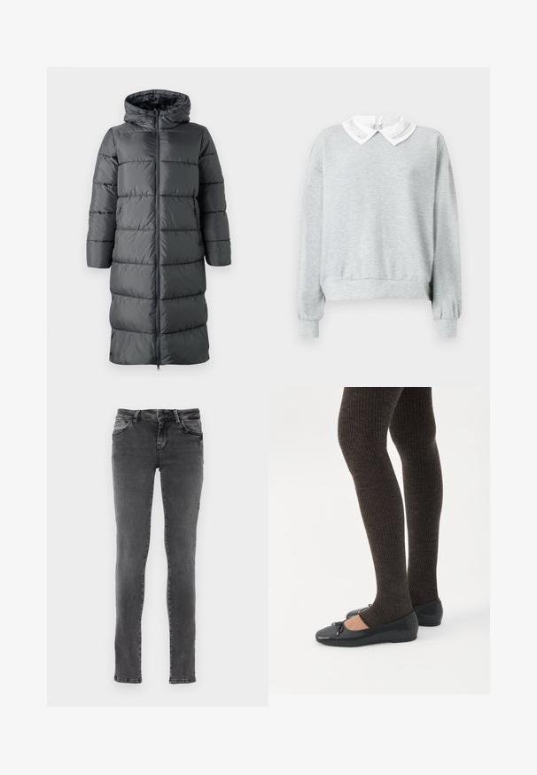 ONLY Puffer ONLMONTANA Puffer - Zimný kabát - blackened pearl; Sivá mikina s bielym golierom a dekoratívnym šitím. Dlhé rukávy s elastickými manžetami a voľný strih.; Slim-fit džínsy v tmavosivom denime s jemným vyblednutím, dizajn s piatimi vreckami a kontrastným šitím pozdĺž švov. Obsahuje zips.; Nohy v tmavých pásikavých legínach v kombinácii s čiernymi balerínkami s malými mašličkami na bielom pozadí.