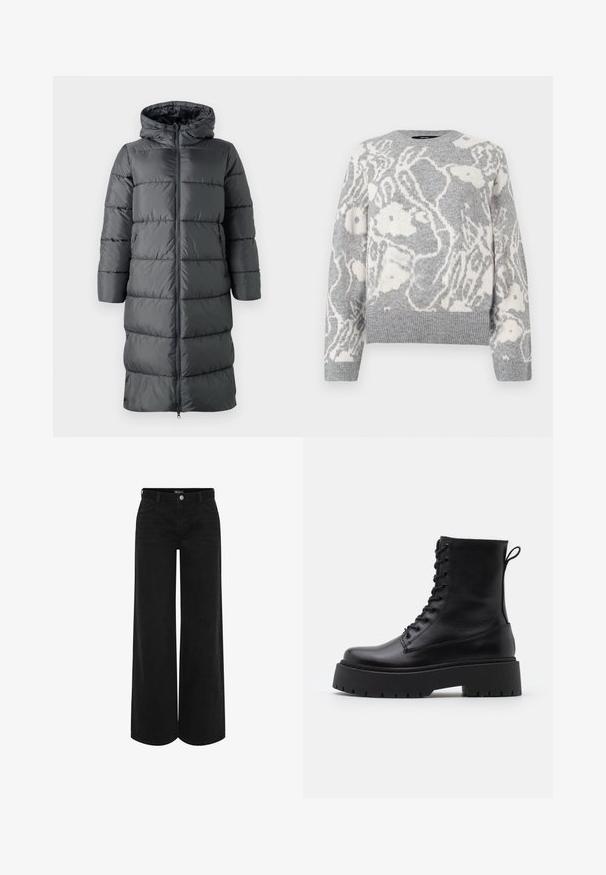ONLY Puffer ONLMONTANA Puffer - Abrigo de invierno - blackened pearl; Suéter de punto gris con un patrón floral blanco, cuello redondo y puños y dobladillo acanalados, hecho de material suave.; Pantalones de mezclilla negros de pierna ancha con cintura alta, que cuentan con un cierre frontal con botón, dos bolsillos laterales y un diseño clásico de cinco bolsillos.; Botas de cuero negras hasta el tobillo con punta redonda, cordones en la parte delantera y una suela de goma gruesa con un dibujo texturizado. Tirador en la parte trasera.