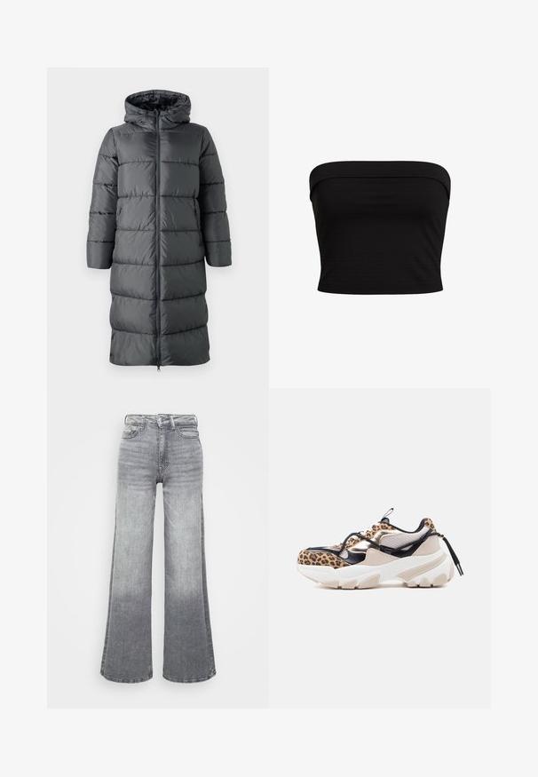 ONLY Puffer ONLMONTANA Puffer - Zimný kabát - blackened pearl; Čierny top bez ramienok s priliehavým strihom, vyrobený z mäkkej tkaniny, s hladkou textúrou a čistými okrajmi. Žiadne ďalšie vzory ani akcenty.; Sivé denimové džínsy s širokými nohavicami s prechodom od svetlej po tmavú farbu, vyšším pásom, piatimi vreckami a klasickým zapínaním na gombík.; Masyvná teniska s panelmi v béžovej, čiernej, kovovo zlatej farbe a leopardím vzorom, čierne šnúrky a hrubá biela podrážka s béžovými akcentmi.