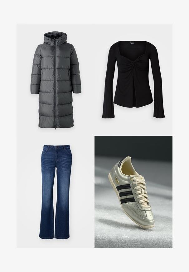 ONLY Puffer ONLMONTANA Puffer - Vinterfrakke - blackened pearl; Sort langærmet bluse med firkantet udskæring, samlet twist-detajle ved brystet og flagrende ærmeslutter. Glat materiale med en tætsiddende silhuet.; Blå denim flared jeans med en mid-rise talje, fem lommer og subtilt slid ved lårene. Har en frontknap og lynlås lukning.; Lys grå lædersneaker med sorte striber, perforerede detaljer, beige snørebånd og et guld logo-patch. Tekstureret gummisål.