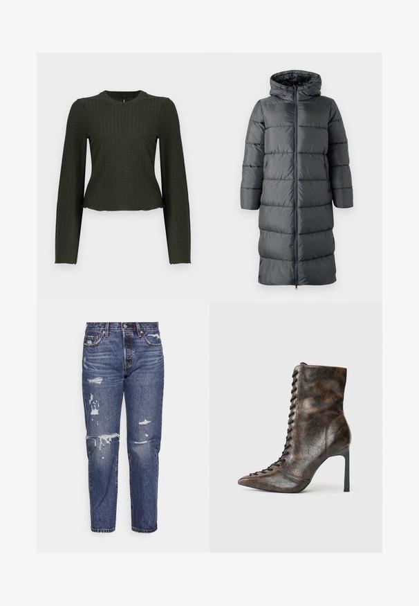 ONLY Puffer ONLMONTANA Puffer - Wintermantel - blackened pearl; Olijfgroene cropped lange mouw top gemaakt van ribbelstof. Heeft een ronde halslijn en een slim-fit silhouet.; Blauwe denim jeans met een relaxte pasvorm, voorzien van versleten plekken en rafelige zooms. Klassiek 5-pocket ontwerp met metalen hardware accenten.; Bruine leren enkelboot met een spitse neus en hoge stiletto hak. Voorzien van veterbinding aan de voorkant en een gestructureerde afwerking in een gekreukt patroon.