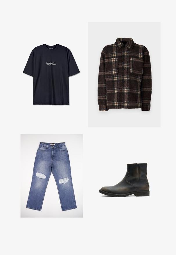 Bruine geruite fleece overhemdjas met een knoopsluiting aan de voorkant, een gespreid kraag en één borstzak; is gemaakt van een gestructureerde, pluizige stof.; Zwarte katoenen t-shirt met een ronde hals, voorzien van een witte bedrukte logo "Pescador Club" en "Scent of Summer" op de voorkant. Korte mouwen.; Lichtblauwe spijkerbroek met hoge taille, rechte pijpen en twee versleten plekken aan de voorkant. Klassiek ontwerp met vijf zakken.; AllSaints LANG - Lage laarzen - brown