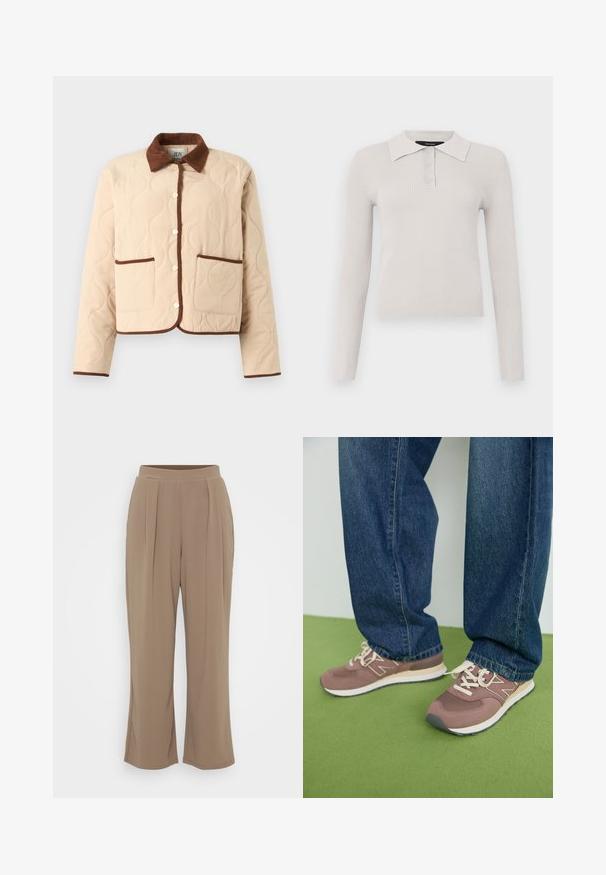 Veste matelassée beige avec un col en velours côtelé marron, dotée de fermetures à boutons et de deux poches avant bordées de marron.; Polo à manches longues gris clair avec une texture côtelée, patte de boutonnage à deux boutons et col classique. Tissu doux avec une coupe ajustée.; Pantalons larges marron en tissu doux avec plis avant et une taille élastique pour plus de confort. Design épuré et minimaliste.; Baskets marron et mauve avec des lacets blancs et une semelle beige. Portées avec un jean en denim bleu, sur un fond vert.