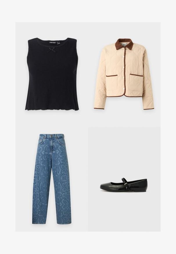 Veste matelassée beige avec un col en velours côtelé marron, dotée de fermetures à boutons et de deux poches avant bordées de marron.; Débardeur noir à côtes avec uncol rond, sans manches et un petit nœud noir accent à l'avant. Ourlet évasé et matériau texturé.; Jean bleu clair taille haute avec une coupe ample. Présente une texture subtilement texturée et un design à cinq poches, avec une fermeture à bouton argenté.; Ballerines en cuir noir avec un bout arrondi, une semelle plate et une fine sangle ajustable sur le cou-de-pied avec une boucle en métal.