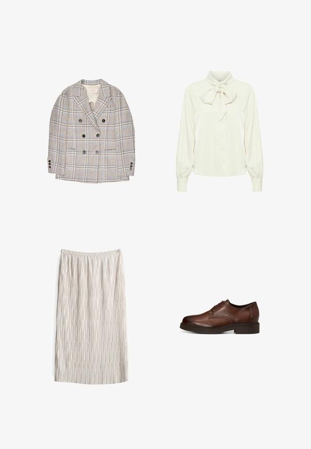 Blazer croisé à motif à carreaux beige, marron et bleu, avec revers crantés, poches avant et six boutons foncés sur le devant et aux poignets.; Blouse en ivoire avec un col à nœud noué, de longues manches bouffantes et une fermeture à boutons sur le devant. Tissu doux et lisse avec un léger éclat.; Jupe midi plissée en beige clair, dotée d'une taille élastique. Le tissu a une surface texturée avec des lignes verticales et un tombé doux.; Chaussure habillée pour homme en cuir marron avec fermeture à lacets et petit talon, vue de côté sur fond blanc.