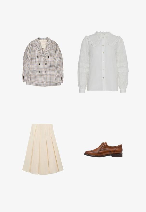 Dubbelbreasted blazer met beige, bruin en blauw ruitpatroon, met inkepingen in de revers, voorzakken en zes donkere knopen op de voorkant en manchetten.; Witte blouse met een gerimpelde kraag, knopen aan de voorkant en geborduurd opengewerkt detail op de pofmouwen. Heeft een subtiele glans en een zachte textuur.; Plisseerok van crèmekleurige stof; heeft een zachte textuur, een middellange ontwerp en symmetrische plooien die zich uitstrekken van de tailleband tot de zoom.; Bruine leren brogue oxford schoen met wingtip-details, perforaties, veters en lage gestapelde hak op een witte achtergrond.
