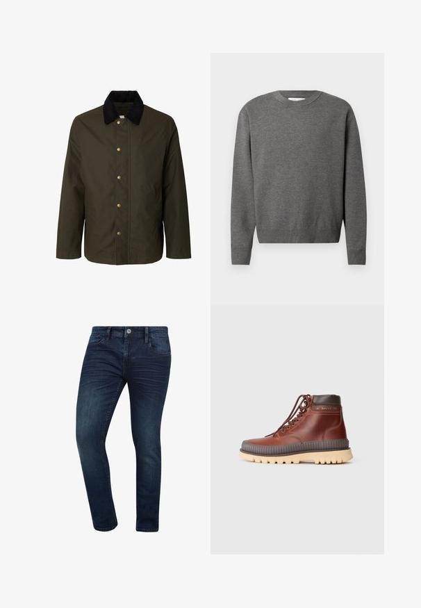 Veste vert foncé avec col en velours côtelé noir et cinq boutons-pression dorés visibles sur le devant, manches longues et poches latérales.; Pull en gris à col rond fabriqué en tissu tricoté doux. Dispose de manches longues et de poignets et d'un ourlet côtelés. Design minimaliste sans logos visibles.; Jean en denim bleu foncé avec une coupe slim, doté d'un design classique à cinq poches et d'une fermeture à bouton en métal à la taille.; Bottes montantes en cuir marron avec œillets métalliques, accents marron, semelle en caoutchouc épaisse et semelle intermédiaire striée pour une meilleure traction.