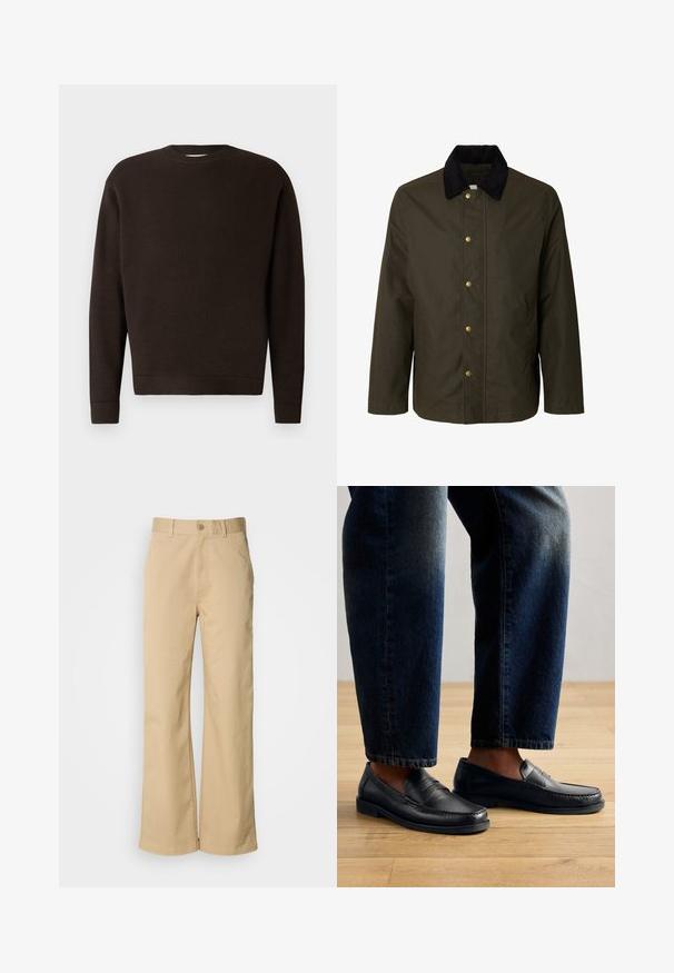 Chaqueta verde oscuro con cuello de pana negra y cinco botones a presión dorados visibles en la parte delantera, mangas largas y bolsillos laterales.; Suéter de cuello redondo marrón oscuro hecho de tejido texturizado. Presenta mangas largas y puños y dobladillo acanalados. Diseño minimalista sin patrones ni acentos.; Pantalones beige de pierna ancha, hechos de una mezcla de algodón. Presentan un cierre de botón y trabillas para cinturón. Textura suave, con detalles de costura mínimos.; Mocasines de cuero negro con detalles de costura y acentos texturizados, combinados con denim oscuro, mostrando un diseño casual y estilizado.