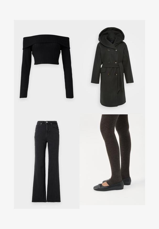 Manteau vert foncé avec une grande capuche, fermeture à double boutonnage, poches latérales et une ceinture assortie. Tissu doux avec une texture lisse.; Top court en tricot côtelé noir à épaules dénudées avec manches longues, présentant un col replié et une silhouette ajustée.; Jeans en denim noirs taille haute avec jambes évasées, bouton avant et design à cinq poches, sur un fond blanc uni.; Jambes portant des leggings côtelés foncés associés à des ballerines noires avec de petits détails en nœud sur fond blanc.