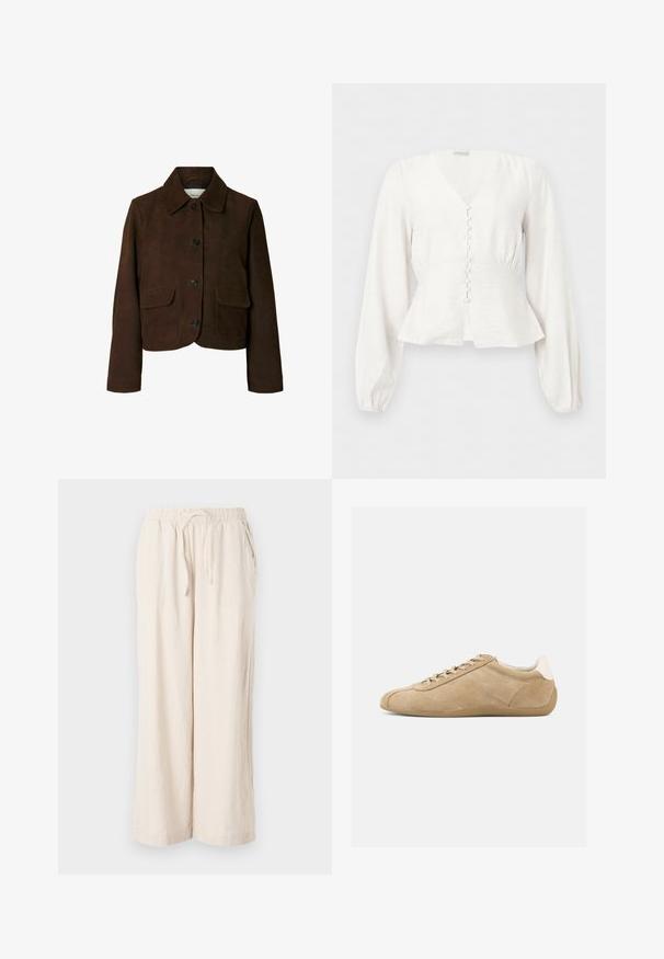 Chaqueta de ante marrón oscuro con cuello, cuatro botones negros en la parte delantera y dos bolsillos delanteros con solapa, mostrada sobre fondo blanco.; Blusa blanca de manga larga con escote en V, cintura entallada, botones cubiertos de tela en la parte delantera y dobladillo ligeramente acampanado sobre un fondo liso.; Pantalones de lino beige de pierna ancha con cintura elástica y bolsillos frontales. Textura suave, tejido ligero, diseño a la altura del tobillo.; Zapatilla de ante color canela con textura suave, punta redondeada, diseño ligero con cordones y un acento en el talón blanco a contraste. Suela de goma flexible.