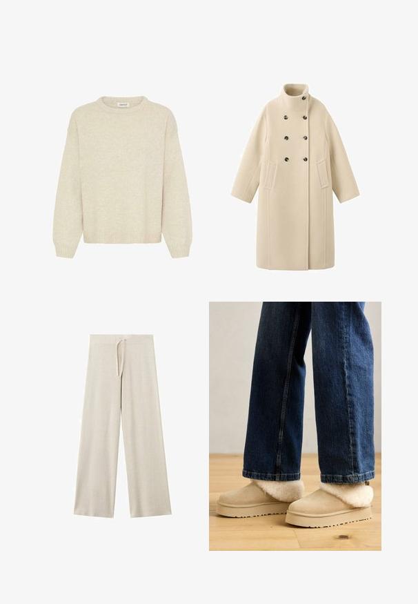 Manteau en mélange de laine beige avec un col haut, un design croisé à double boutonnage, des boutons noirs et des poches latérales, doté d'une silhouette droite.; Pull léger beige en tricot doux, avec un col rond, des épaules tombantes, et un ourlet et des poignets côtelés. Pas de motifs ni d'accents.; Pantalon beige en maille à jambes larges avec taille à cordon, réalisé en tissu doux et léger.; Bottines en daim beige avec un col en fourrure moelleux de couleur crème. Semelle plate avec une surface texturée, associées à un jean large bleu foncé.