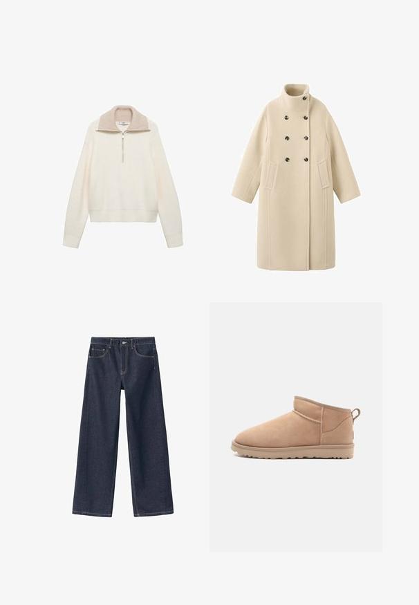Beige uldblandet frakke med høj krave, dobbeltradet design, sorte knapper og sidelommer med en lige silhuet.; Cremefarvet pullover med ribbet tekstur, halv lynlås lukning og en kontrasterende beige krave. Lange ærmer og elastisk kant.; Mørkeblå denim bukser med vid ben, høj talje, synlige syninger, to forlommer og en knaplukning i taljen.; Brune ruskindsankelstøvle med en rund tå, blød tekstur, enkelt design og en lavprofil gummisål. Har en trækrem bagpå.
