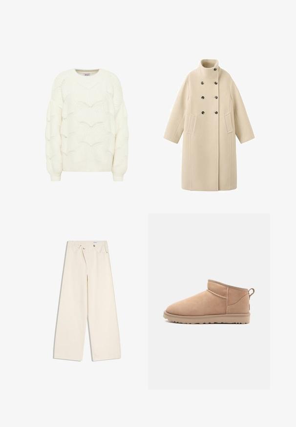 Beige uldblandet frakke med høj krave, dobbeltradet design, sorte knapper og sidelommer med en lige silhuet.; Cremefarvet strikket trøje med et struktureret bølgemønster. Har en rund halsudskæring og lange ærmer med ribbede manchetter.; Off-white bukser med vidde i benene, foranlommer, bærestropper og sølvknapper på linningen og lommekanter.; Brune ruskindsankelstøvle med en rund tå, blød tekstur, enkelt design og en lavprofil gummisål. Har en trækrem bagpå.