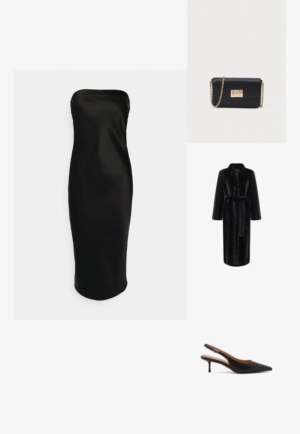 Sort faux fur morgenkåbe med lange ærmer, taljebælte og sjal krave. Har en glat tekstur og knælangt design.; Gina Tricot TUBE MIDI DRESS - Cocktailkjole / festkjole - black; Sort læder slingback-sko med hæl, spids tå, tynd hæl og justerbar ankrem; glat tekstur og minimal detaljer.; Sort læder crossbody-pung med guld kædestrop og rektangulær guldspænde på forsiden, sat imod en ensfarvet lys baggrund.