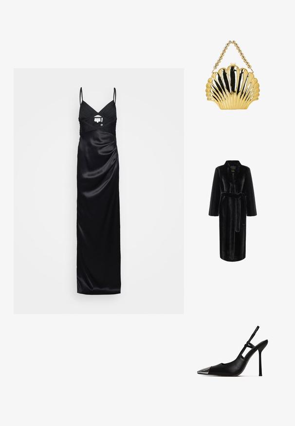 Schwarzer Kunstpelz-Robe mit langen Ärmeln, Taillengürtel und einem Schalkragen. Verfügt über eine glatte Textur und ein knielanges Design.; Schwarzes Satin-Abendkleid mit dünnen Trägern, V-Ausschnitt, gefälteltem Oberteil und taillierter Taille, auf einem schlichten, hellen Hintergrund präsentiert.; Schwarzer Slingback-Pump mit spitzem Zeh und glänzender metallischer Kappe. Verfügt über einen hohen Stiletto-Absatz und einen schmalen Knöchelriemen. Glatte Lederoberfläche.; Goldfarbene, metallische Handtasche in Muschelform mit einem Griff aus Perlen und einem Perlenverschluss vor weißem Hintergrund.