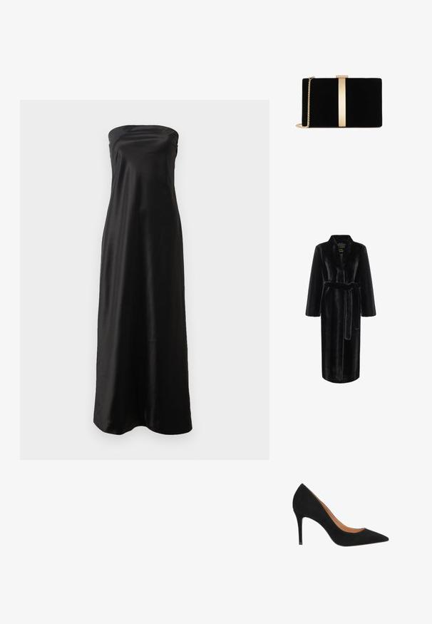 Schwarzer Kunstpelz-Robe mit langen Ärmeln, Taillengürtel und einem Schalkragen. Verfügt über eine glatte Textur und ein knielanges Design.; Schwarzes strapless Maxikleid aus Satinmaterial, mit einem schlichten Design, glatter Textur und fließender Silhouette.; Schwarze Wildleder-Pump mit hohen Absätzen, spitzer Zehenpartie, elegantem Design und Stiletto-Absatz. Verfügt über ein glattes Innenfutter.; Schwarze Samt-Clutch mit einem goldfarbenen Metallelement in der Mitte, ausgestattet mit einem Kettenriemen und einer eleganten rechteckigen Form.