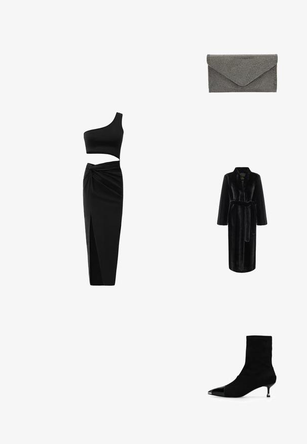 Bata de piel sintética negra con mangas largas, cinturón en la cintura y cuello de chal. Presenta una textura suave y un diseño hasta la rodilla.; Conjunto negro de dos piezas que incluye un top corto de un solo hombro y una falda de cintura alta con un detalle retorcido y una abertura lateral. Tejido suave.; Botín negro con puntera metálica puntiaguda y tacón bajo delgado sobre fondo blanco.; Pañuelo negro con un patrón texturizado de tachuelas y cierre tipo sobre, que presenta una forma rectangular elegante y sin herrajes visibles.