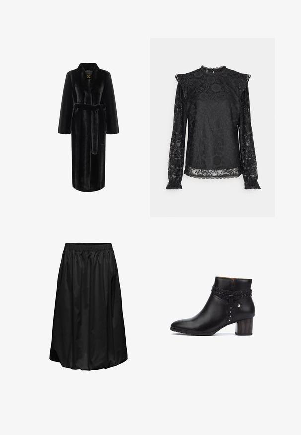 Robe en fausse fourrure noire avec des manches longues, une ceinture à la taille et un col châle. Présente une texture lisse et une coupe au genou.; PIECES Tall PCOLLINE - Blouse - black; Jupe noire en tissu léger. Taille élastique avec texture froncée, longueur genoux, surface lisse, sans motifs ni accents supplémentaires.; Pikolinos CALAFAT - Boots à talons - black