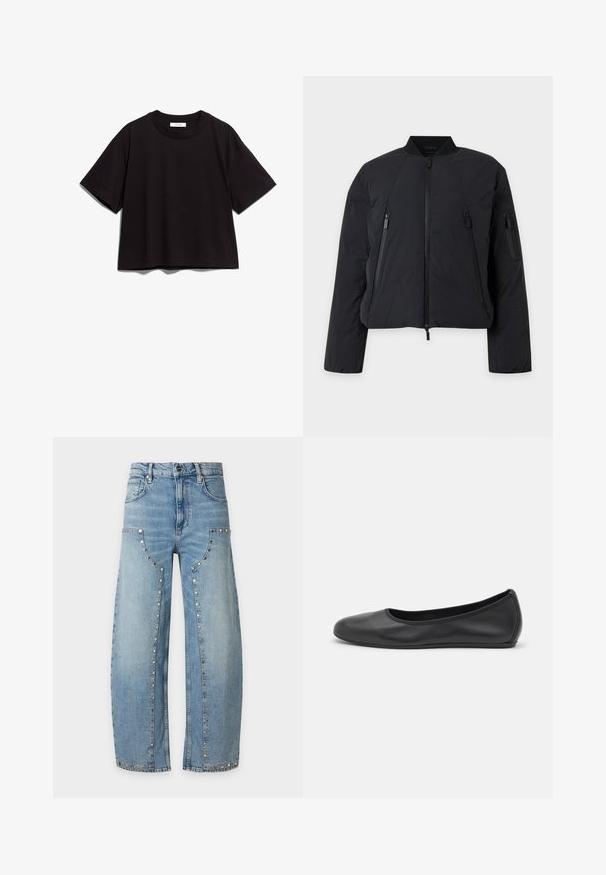 Chaqueta bomber negra con cremallera frontal, dos bolsillos verticales con cremallera y un bolsillo con cremallera en la manga, mostrado sobre un fondo claro.; Camiseta de algodón negra de manga corta y cuello redondo. Tiene un corte holgado y un diseño sencillo y sin adornos.; Vaqueros de pierna ancha de color azul claro con cintura alta y tachuelas plateadas que delinean los paneles delanteros y los bolsillos, mostrados sobre un fondo blanco liso.; Bailarina de piel negra con punta redondeada, textura suave, detalle de costura minimalista y diseño de suela flexible.