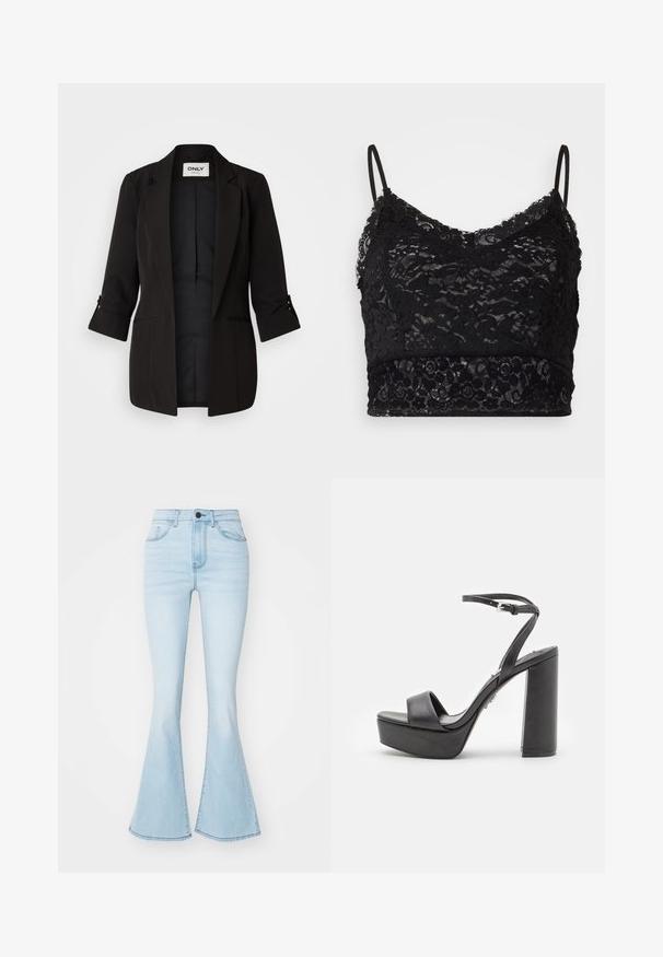 Sort blazer med en notch-krave, trekvartærmer og opsmøgede manchetter. Har to foran lommer og en glat indvendig foring.; Sort blonderet bralette med justerbare spaghetti-stropper, et blomsterlæs-mønster og en solid sort kant i bunden.; Lysblå flagrende jeans lavet af denim, med høj talje, fem lommer og en lynlås åbning med en enkelt knaplukning.; Sorte platform højhælede sandaler med åben tå, bred forreste rem og justerbar ankelrem. Glat læderfinish og chunky blokhæle.