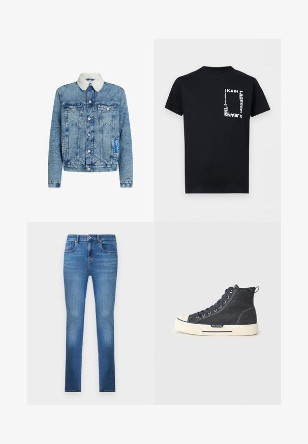 Chaqueta de denim en azul claro con cuello de pelaje sintético blanco, dos bolsillos en el pecho y una etiqueta de marca en el lado. Cierre clásico de botones.; Camiseta negra de manga corta con texto blanco vertical y horizontal que forma un cuadrado en el lado izquierdo del pecho que dice "KARL LAGERFELD JEANS."; Vaqueros ajustados de mezclilla azul con bolsillos delanteros, trabillas para cinturón y cierre de botón, mostrados sobre un fondo blanco.; Zapatillas altas de denim oscuro con suela de goma crema, con cordones en navy y una pestaña trasera para tirar. Logo en el lateral.
