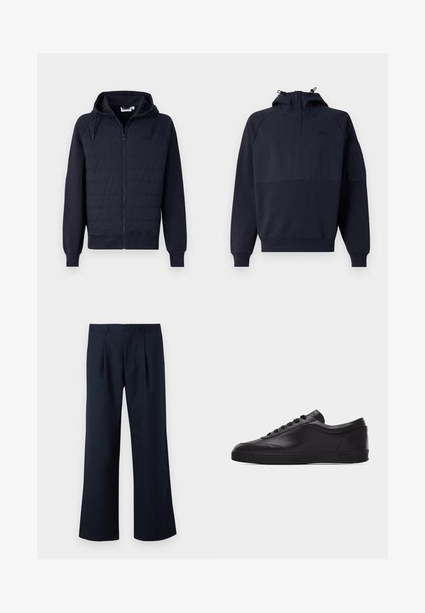 Tmavomodrá mikina na zips z mäkkej tkaniny, s prešívaným predným dielom, kapucňou na šnúrku a rebrovanými manžetami a lemom. Minimalistické logo na hrudi.; Tmavomodrá mikina s kapucňou a polovičným zipsom, vybavená klokankovým vreckom a vreckom na rukáve so zipsom. Vyrobená z mäkkej, textúrovanej látky.; Námornícky modré nohavice s prispôsobeným strihom, širokým strihom, prednými záhybmi a jedným gombíkom na zapínanie v páse. Hladká textúra látky.; Čierna nízka kožená teniska so šnurovaním vpredu a plochou gumovou podrážkou, zobrazená z boku na jednoliatom bielom pozadí.